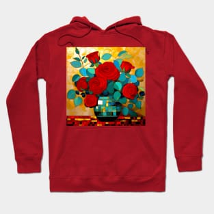 Red Roses and Eucalyptus Leaves in a Geometric Decorative Vase Hoodie